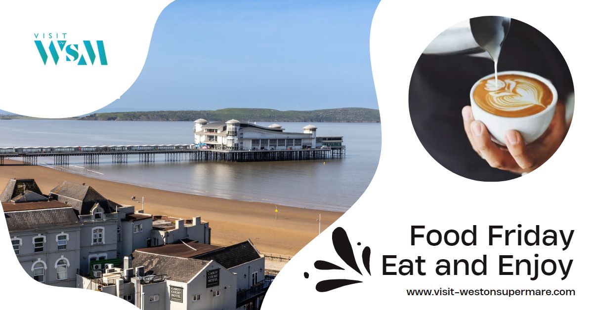 Aerial Picture of Weston beach with a separate picture of a cup of coffee